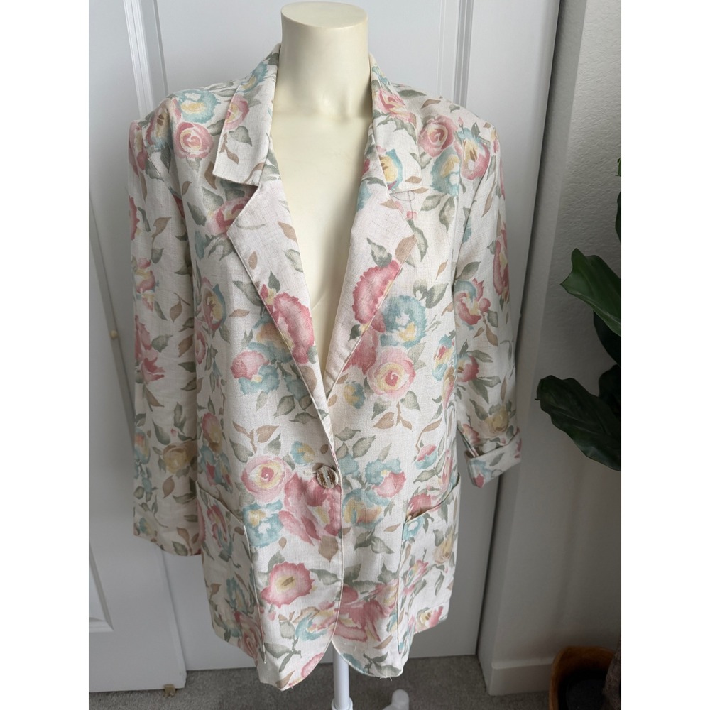 Jessica Scott Vintage Floral Blazer Jacket Pastel Linen Blend M Cottagecore